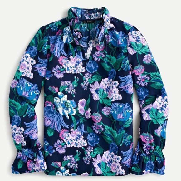 J.CREW Ruffle Neck Long Sleeve Floral Top 365 Crepe XS - Picture 1 of 12